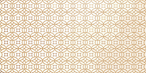 Elegant geometric seamless pattern with interlocking circles and squares in warm gold on a cream background