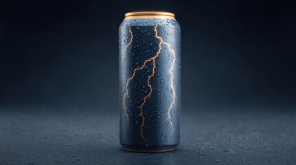 Sparkling can with electric lightning design and moisture droplets on a dark background for creative beverage promotions and advertisements