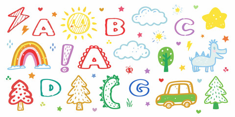 Cute hand drawn alphabet letters and fun elements for childrens education and playful designs