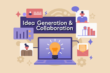 Creative teamwork and idea generation with a lightbulb and collaboration elements