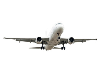 Naklejka premium Modern passenger jet airplane in flight viewed from below isolated on transparent background
