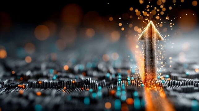 Golden Orange Cyan Blue Navy Dark Blurred Glowing Upward Arrow Angled Top Right Surrounded Tiny Light Sparks Poster Banner Marketing Ecommerce Web Print Copy Space Template Branding Soci SEO Optimized