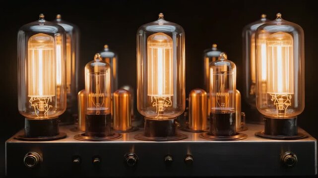 Vintage tube amplifier glowing warmly in a dark room