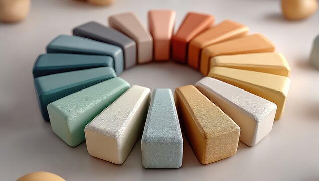 Pastel-colored triangular prisms arranged in a circle