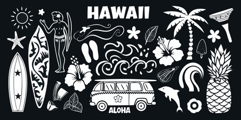 Hawaii aloha collection featuring surfing beach lifestyle elements and tropical icons