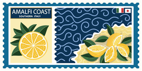 Amalfi coast southern italy illustrated stamp featuring lemons and wavy sea pattern © RanjanKumar