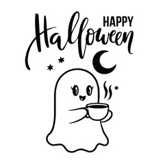 Cute Halloween ghost is drinking tea with stars and moon, on transparent background