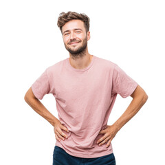 Fototapeta premium Confident smiling man in pink t-shirt with hands on hips