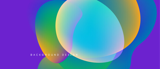 Abstract colorful shapes overlap, creating vibrant gradients. Purple background complements flowing forms, modern design element.