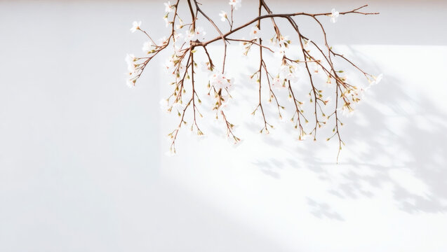 Delicate spring blossom branch casting soft shadows on a clean, minimalist white background, evoking a sense of tranquility and new beginnings