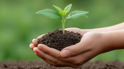 Hands Holding Soil with Young Green Plant Growing, Symbolizing Sustainability, Nature, Care, and New Beginnings in Lush Green Background