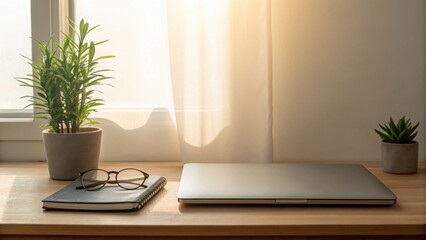 Cozy Workspace with Laptop, Glasses and Potted Plants by Window