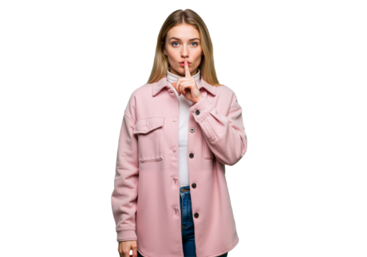 Serene young woman gestures for silence, keeping a secret with a discreet finger on her lips, conveying quiet and privacy