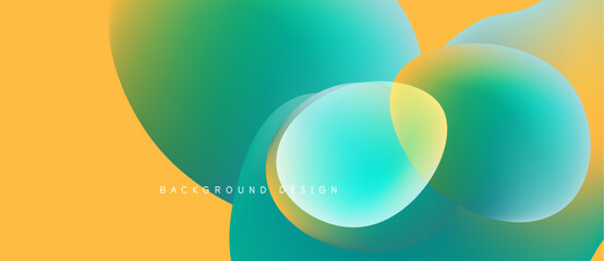 Abstract fluid shapes overlap, creating vibrant color gradients. Yellow, turquoise, green blend seamlessly. Modern design element.