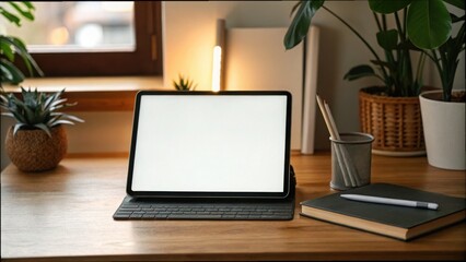 Modern Workspace With Digital Tablet and Stylus on Wooden Desk