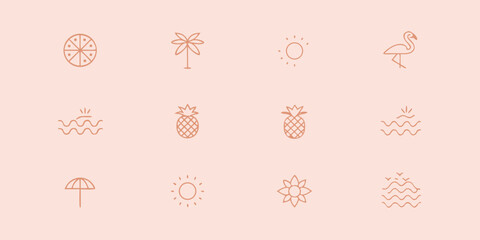 Collection of minimalist line art icons representing summer vacation and tropical themes on a soft pink background