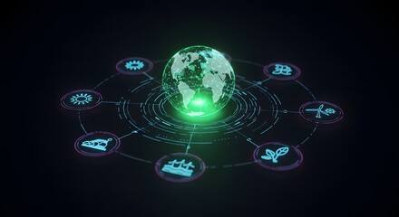 Global interconnectedness visualized:  A glowing digital Earth surrounded by icons representing diverse industries and technologies.