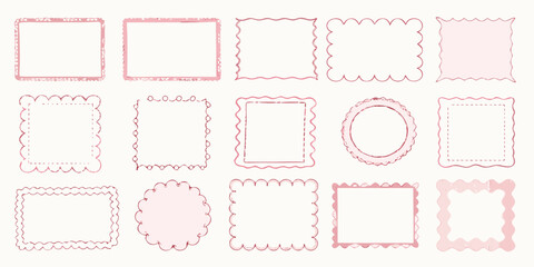 Collection of hand drawn pink decorative frames and borders with scalloped and wavy edges