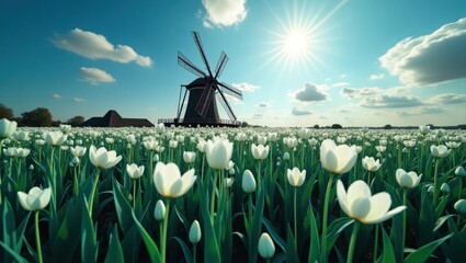 A vast field of pristine white tulips stretches towards a historic windmill under a vibrant blue sky.