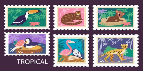 Collection of six colorful postage stamps featuring various tropical animals and lush jungle foliage © RanjanKumar