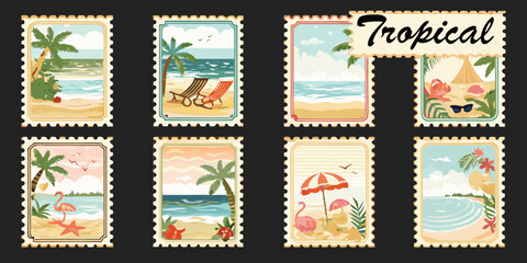 Obraz premium Collection of eight vintage style postage stamps depicting tropical beach scenes with palm trees and ocean views