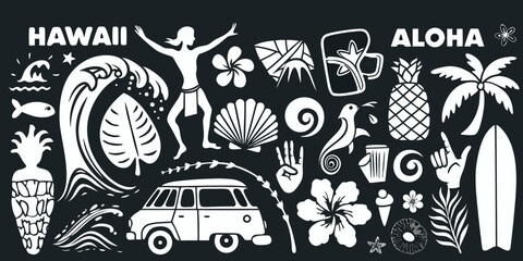 Collection of hawaiian icons and symbols featuring aloha spirit and tropical elements © Lalin
