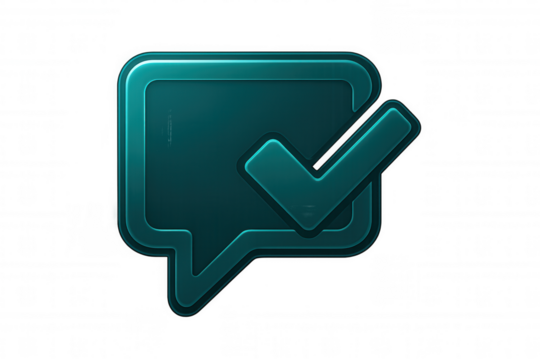 Speech bubble in turquoise featuring checkmark, signaling successful communication against transparent backdrop