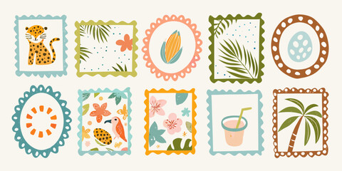 Collection of cute hand drawn postage stamps featuring jungle animals tropical plants and summer drinks