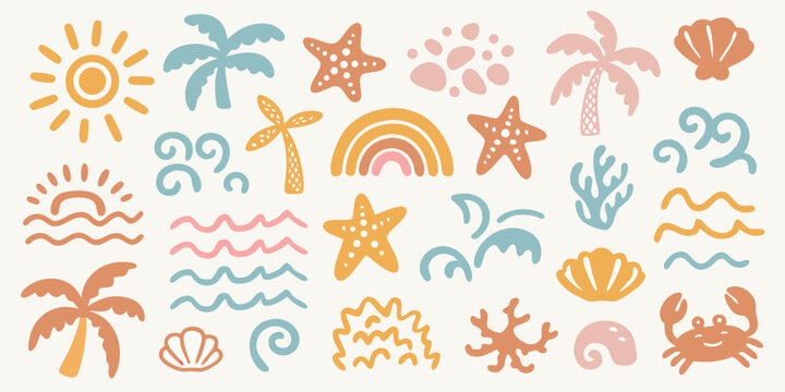 Boho beach elements collection with sun palm trees starfish shells waves coral crab and rainbow