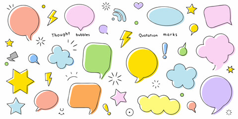Collection of colorful hand drawn speech bubbles thought bubbles and design elements on white background