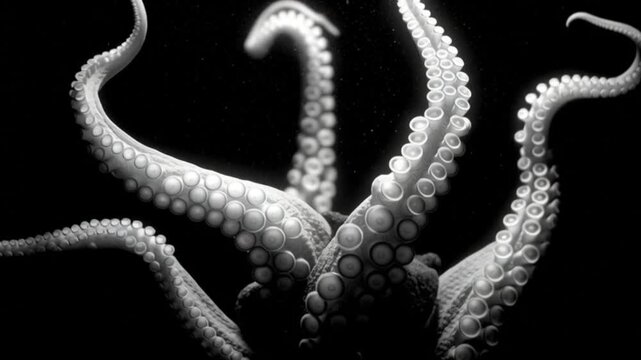 Closeup of white octopus tentacles against black showcasing suction cups  curved forms
