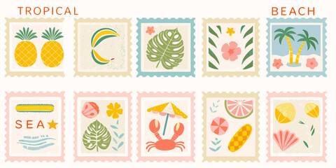 Collection of ten colorful flat design tropical and beach themed postage stamps with various summer icons
