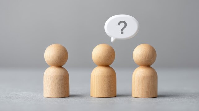 Minimalist wooden figures communicating with a speech bubble containing a question mark representing inquiry and dialogue, ideal for concepts of discussion - Powered by Adobe