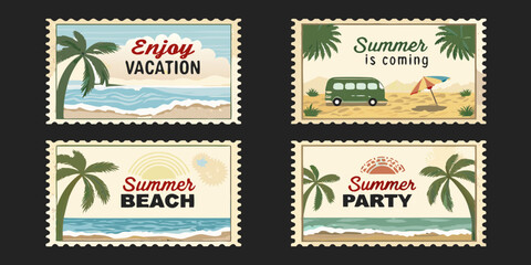 Collection of four vintage style postage stamps featuring summer beach vacation and party themes