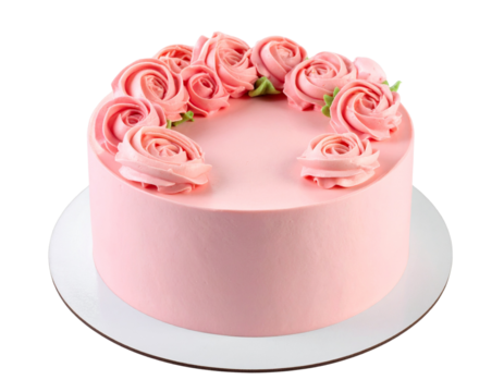 Pink Frosted Birthday Cake with Decorative Flowers, Isolated on Transparent Background