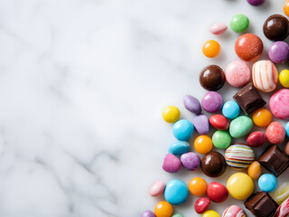 Obraz premium Delicious Assortment of Colorful Candies and Chocolates on a Marble Surface