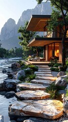 Fototapeta premium Serene Modern House Near River Surrounded by Majestic Mountains