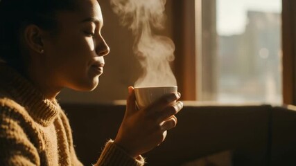 Woman enjoys a hot beverage on a cozy morning at home, savoring the warmth and aroma of her drink near the window