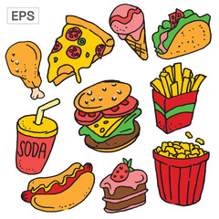 Delicious Cartoon Fast Food Set Pizza Burger Taco and More