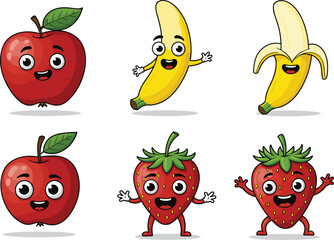 Kawaii fruit cartoon set, cute apple, banana, strawberry with happy faces, adorable fresh fruit illustration, healthy food character design