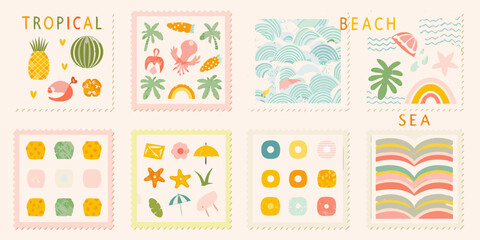 Obraz premium Collection of charming hand drawn tropical beach and sea themed illustrations presented as vintage postage stamps
