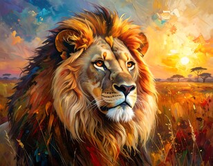 Vibrant lion portrait at sunrise