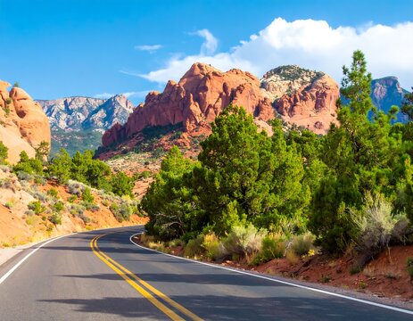 Winding road through red rock canyon