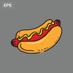 Hot dog with mustard on a bun, cartoon style.