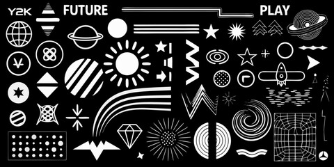 A collection of y2k and futuristic graphic design elements and icons on a black background