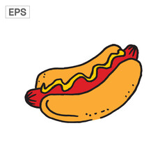 Hot dog with mustard on a bun, cartoon style.