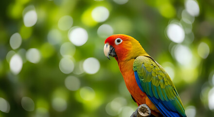 Vibrant sun conure perched gracefully in lush bokeh setting, radiating tropical beauty and exotic charm, perfect for nature lovers and wildlife enthusiasts seeking stunning avian imagery