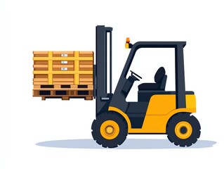 Vector illustration of a yellow forklift carrying a wooden pallet, isolated on a white background.