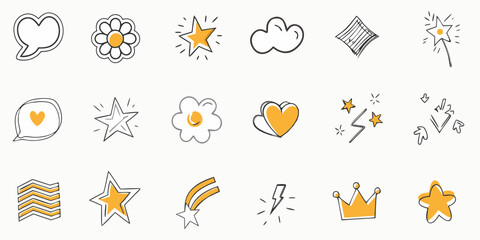 Collection of hand drawn doodle icons with yellow accents