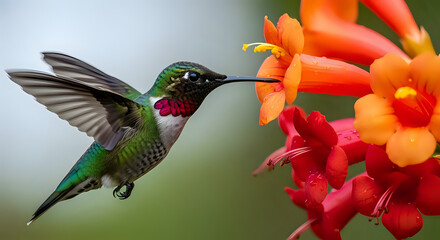 Fototapeta premium Delicate hummingbird gracefully feeding on vibrant trumpet flowers in sun-drenched garden, a stunning moment of nature's beauty, perfect for illustrating conservation and wildlife preservation